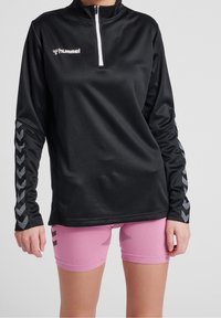 Camiseta deportiva negra de manga larga con cremallera de un cuarto, que presenta patrones en forma de chevrón grises en las mangas y el logo "Hummel" en el pecho.