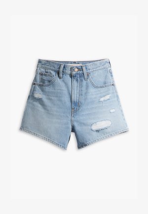 Hellblaue Denim-Shorts mit hoher Taille, versehen mit verwaschenen Details, fransigen Säumen und klassischem Fünf-Taschen-Design.