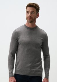 Pull en maille gris avec des manches longues, un col rond et des poignets côtelés. Le tissu a une texture lisse, un design ajusté et un motif subtil.