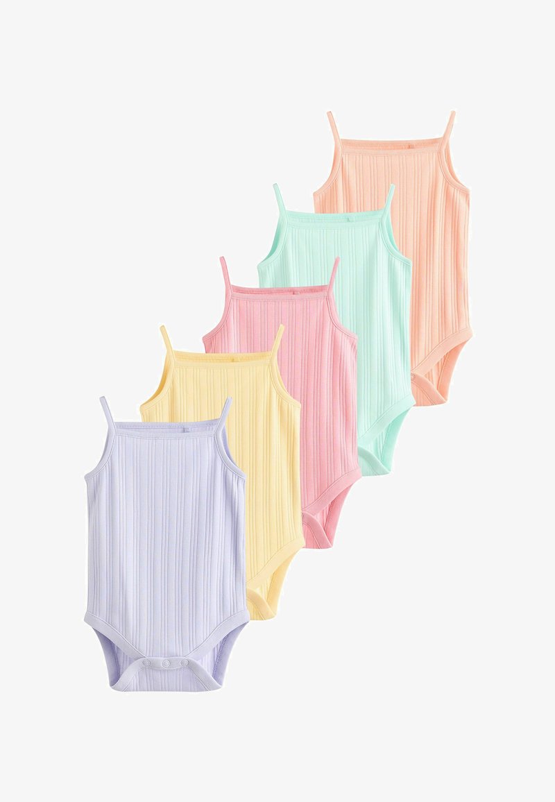 Cinq bodies bébé sans manches côtelés dans des couleurs pastel violet, jaune, rose, vert menthe et pêche, disposés en éventail.