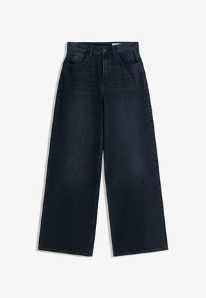 Traper hlače širokih nogavica u tamnoplavoj boji. Imaju tradicionalni dizajn s pet džepova i zatvaranje na gumb. Materijal je debeo i blago teksturiran.