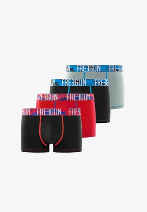 Quatre boxers pour hommes en noir et rouge ou gris et noir, chacun avec une ceinture de marque portant l'inscription "FREEGUN."