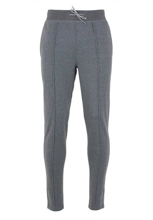 Slim-fit donkergrijze sweatpants met geribbelde tailleband en trekkoord, met verticale naaddetails langs de pijpen.