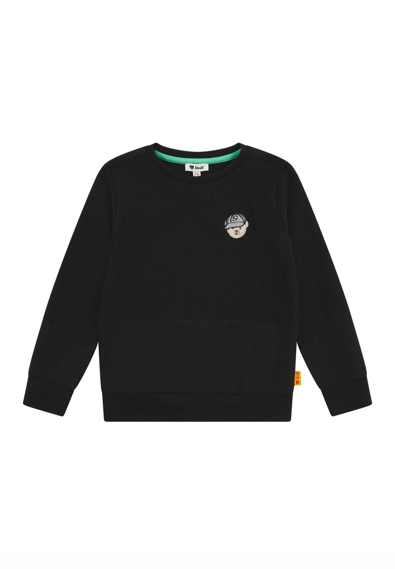 Schwarzer Sweatshirt mit strukturiertem Finish, Rundhalsausschnitt, langen Ärmeln und einer Fronttasche. Besitzt ein Bären-Patch mit einer Mütze. Grüner Akzent am inneren Kragen.