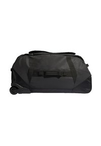 Borsa a duffel nera con ruote, realizzata in nylon resistente, dotata di zip sulla parte superiore, maniglie rinforzate e un pannello laterale strutturato per una presa migliore.