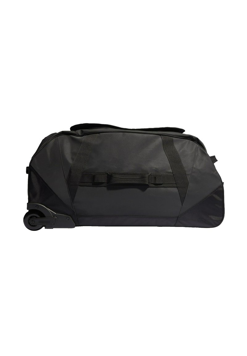 Borsa a duffel nera con ruote, realizzata in nylon resistente, dotata di zip sulla parte superiore, maniglie rinforzate e un pannello laterale strutturato per una presa migliore.