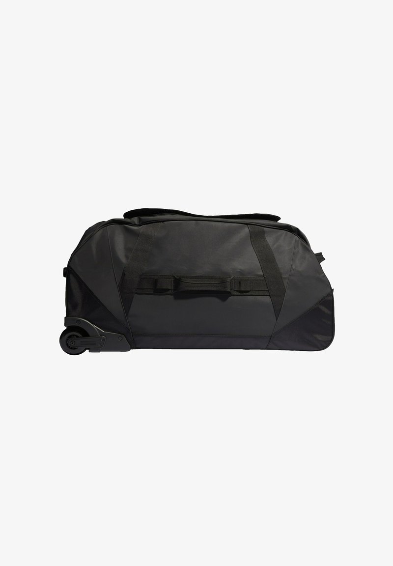 Borsa a duffel nera con ruote, realizzata in nylon resistente, dotata di zip sulla parte superiore, maniglie rinforzate e un pannello laterale strutturato per una presa migliore.