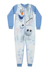 Completo in felpa blu con un grande grafico di un pupazzo di neve con un naso a forma di carota arancione, posizionato su uno sfondo innevato con motivi di fiocchi di neve.