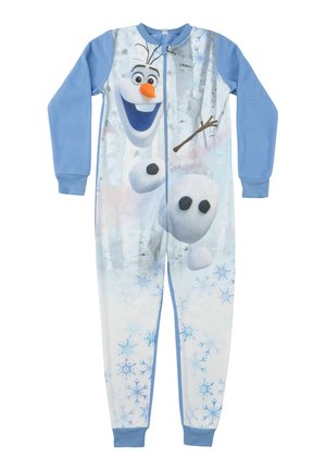 Blauer Fleece-Einteiler mit einem großen Motiv eines Schneemanns mit einer orangefarbenen Karottennase, vor einem schneebedeckten Hintergrund mit Schneeflockenmuster.