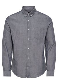 Grå knäppskjorta i lätt tyg, med krage, långa ärmar, en bröstficka och knappstängning fram.