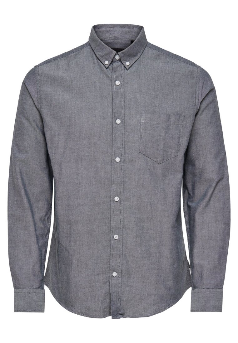 Grå knäppskjorta i lätt tyg, med krage, långa ärmar, en bröstficka och knappstängning fram.