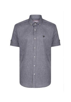 Camisa de botones de manga corta en una tela gris jaspeado con cuello, con un pequeño logotipo de pájaro en el pecho y botones en un gris claro.