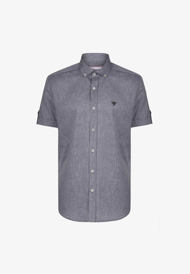 Koszula z krótkim rękawem zapinana na guziki w szarym melanzowanym materiale, z kołnierzykiem, z małym logo ptaka na piersi oraz jasnoszarymi guzikami.