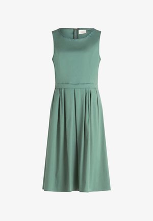 Mouwloze midi-jurk in saliegroen met een getailleerd lijfje, ronde halslijn, taille naad en geplooide rok.