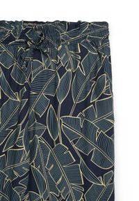 Pantaloni blu navy con un motivo di foglie tropicali in verde chiaro e beige, dotati di vita elastica e laccio regolabile per il massimo comfort.