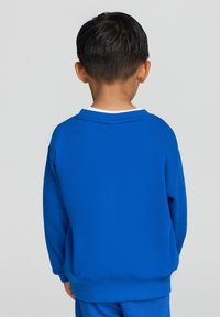 Felpa blu realizzata in tessuto morbido con collo rotondo e polsini a costine, mostrata dal retro. Accentuata da un colletto bianco.