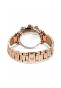 Orologio in metallo rose gold con cinturino a maglia, quadrante rotondo, tre pulsanti laterali e copertura in vetro trasparente. Presenta un logo sulla chiusura.
