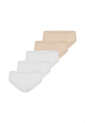 Pięć damskich bezszwowych majtek w kolorze beżowym i białym, ułożonych na przemian, pokazanych na białym tle.