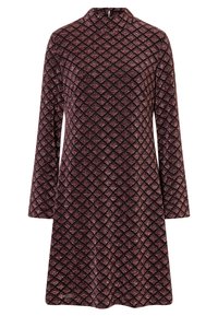 Long-sleeved, high-neck dress in a dark maroon fabric with a sparkling diamond pattern, flared silhouette, and smooth texture.