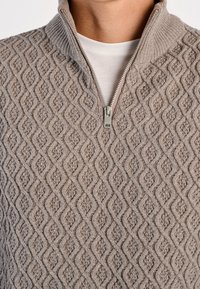 Homme portant un pull beige à fermeture éclair avec un motif en maille losanges en relief, par-dessus un t-shirt blanc à col rond.