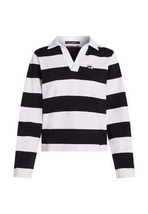 Maillot de rugby à manches longues à rayures horizontales noires et blanches avec un col blanc et un petit logo sur la poitrine gauche.