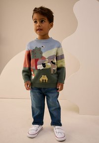 Kolorowy sweter dla dzieci z haftem zwierząt, drzew i wzorami krajobrazu. Noszony z niebieskimi dżinsami i białymi trampkami na rzepy.