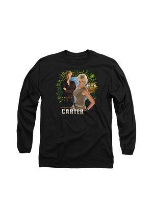 Black long-sleeve t-shirt featuring a graphic of two characters from "Stargate SG-1," with text reading "Colonel Samantha Carter."