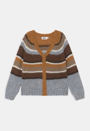 Knapperud cardigan med vandrette striber i brune, blå, hvide og beige toner, med V-hals samt ribstrikkede manchetter og kant.
