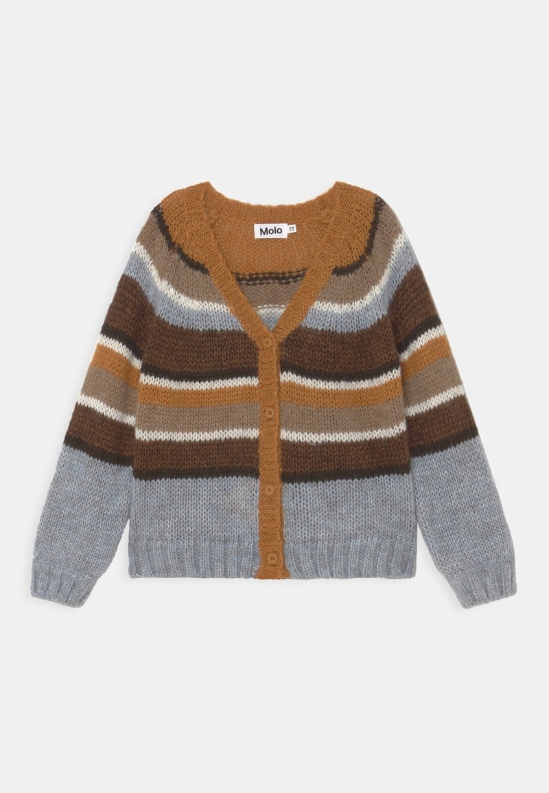 Cardigan à boutonner avec des rayures horizontales dans des tons marron, bleu, blanc et beige, doté d'un col en V ainsi que de poignets et d'un ourlet côtelés.