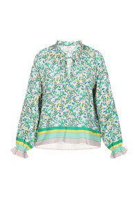 Blusa floreale in tessuto leggero, con motivi verdi, blu e gialli. I dettagli chiave includono maniche arricciate e scollatura arricciata.