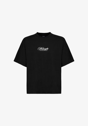 Black oversized T-shirt with short sleeves, crew neck, and white "Midnight Trainings Club" text centered on the chest.