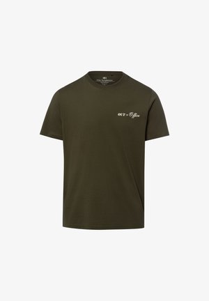 Dunkelgrünes T-Shirt mit kurzen Ärmeln und weißem „OUT of Office“-Schriftzug auf der linken Brust, Rundhalsausschnitt, einfarbiger Hintergrund.