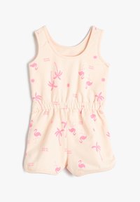 Ljusrosa jumpsuit med åtsittande midja, med palmer, flamingos och soler i ett upprepande mönster. Tillverkad av mjukt, stretchigt tyg.