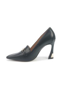 Black leather high-heel shoe featuring a pointed toe, a decorative strap with a buckle, and a unique angled heel with a gold accent.