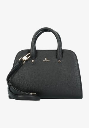 Bolso de mano de cuero negro texturizado con doble asa, herrajes dorados, correa para el hombro desmontable y logo de Aigner centrado en el frente.