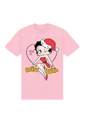 Różowa bawełniana koszulka z nadrukiem postaci z kreskówek w czapce Świętego Mikołaja, otoczona serduszkami oraz napisem "BETTY BOOP" w kolorze żółtym.