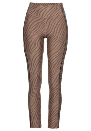 Brown zebra-print leggings featuring a high waistband and contrasting black side seams. Made of flexible fabric for comfort and movement.