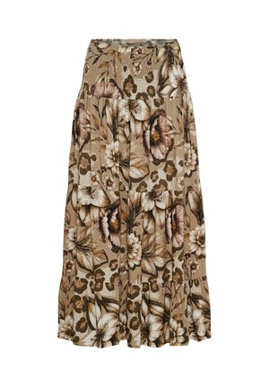 Beige midi nederdel med elastisk talje og stort blomsterprint i nuancer af brunt, creme og hvid, med lagdelt flæsekant.