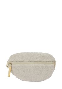 Pochette couleur crème en tissu polaire texturé, dotée d'une fermeture éclair lisse et d'une forme arrondie. Agrémentée d'un curseur doré.