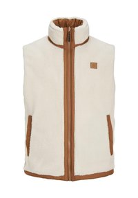 Fleece vest in cream with brown accents. High collar, front zipper, and side pockets. Textured surface with smooth lining.