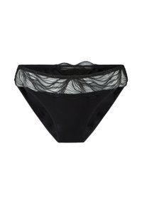 Zwarte bikini slipjes met geschulpte kantafwerking en doorschijnende gaasdetails langs de tailleband, plat gelegd op een witte achtergrond.