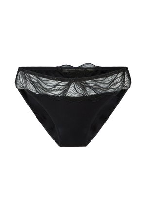 Čierne bikiny s volánkovým čipkovým okrajom a priehľadnými sieťovanými detailmi pozdĺž pásu, položené na bielom pozadí.