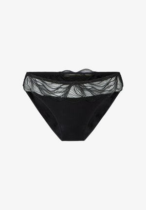 Zwarte bikini slipjes met geschulpte kantafwerking en doorschijnende gaasdetails langs de tailleband, plat gelegd op een witte achtergrond.