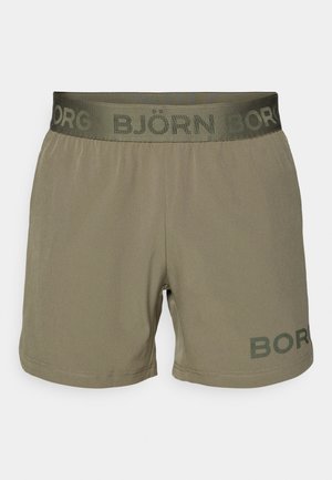Miesten oliivinvihreät shortsit, joissa on joustava vyötärö ja "BJÖRN BOR" -logo. Suloinen pinta, puoliväli-reidelle leikkaus, ommellut helma yksityiskohdat.