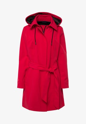 Rode waterdichte jas met een capuchon, trekkoord en riem. Beschikt over twee voorzakken en een gladde textuur met een slank, modern ontwerp.