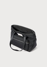 Black tote bag with two handles, a front zippered pocket, and an open main compartment against a plain background.