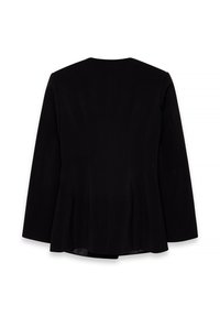 Svart blazer med långa ärmar, slät tyg, figursydd design och V-ringning bak. Inga synliga stängningar eller utsmyckningar.