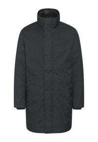 Tumši pelēks garš mētelis ar augstu apkakli, priekšējo rāvējslēdzēju, divām sānu kabatām un gludu tekstūru. Minimalistisks dizains ar tīrām līnijām.