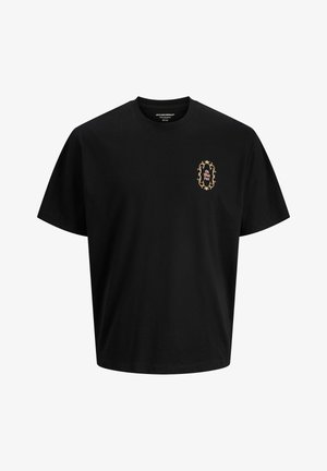 Black cotton t-shirt featuring a relaxed fit, short sleeves, and an ornate embroidered gold and pink design on the left chest.