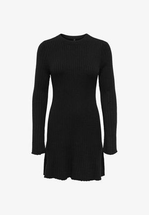Robe noire en tricot côtelé avec des manches longues, un col rond et des fentes sur les côtés à l'ourlet. La texture du tissu est douce et élastique.